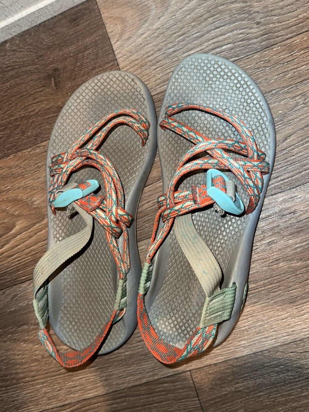 Outdoor Strappy Sandals in Gray with Orange & Teal Accents